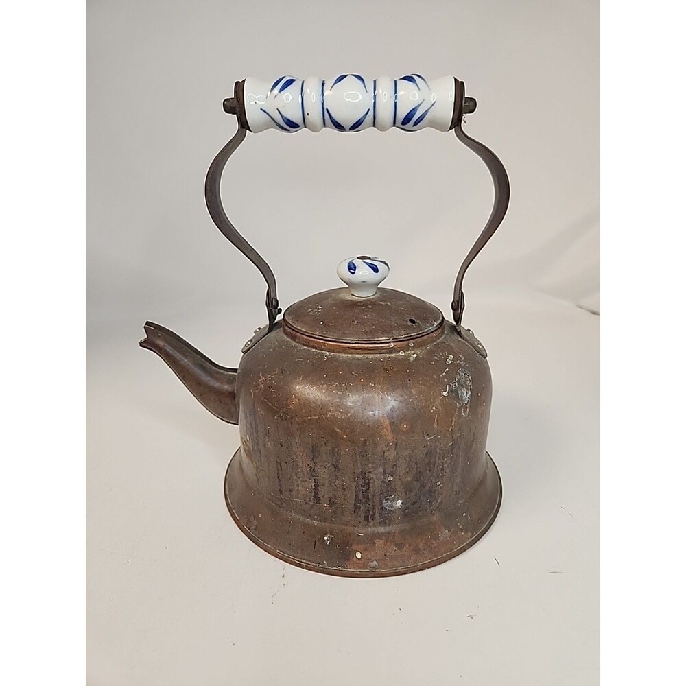 Copper Tea Kettle with Delft Blue Ceramic Handle & Knob Kitchen Farmhouse Pot